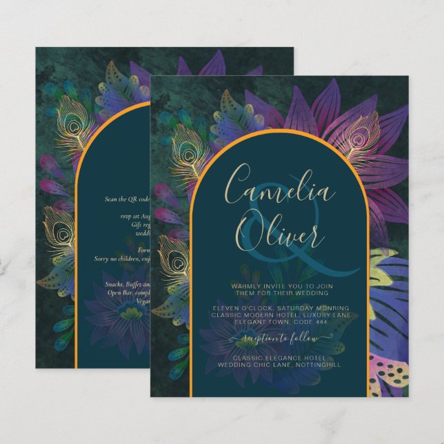 Papier LeahG Green Purple Gold JEWEL TONES Mariage INVITE (Devant / Derrière)