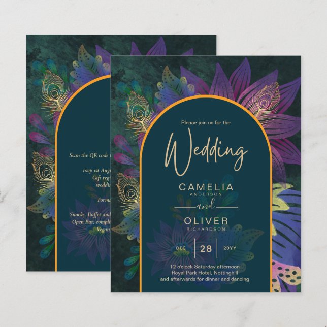 Papier LeahG Green Purple Gold JEWEL TONES Mariage INVITE (Devant / Derrière)