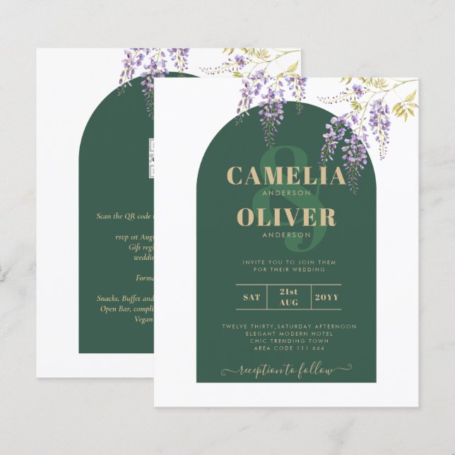 Papier LeahG Green Purple Gold WISTERIA Wedding INVITE (Devant / Derrière)