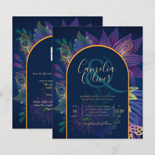 Papier LeahG Marine Purple Gold JEWEL TONES Mariage INVIT (Devant / Derrière)