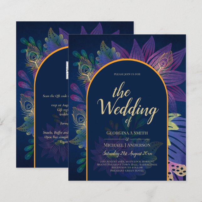 Papier LeahG Marine Purple Gold JEWEL TONES Mariage INVIT (Devant / Derrière)