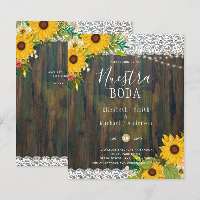 Papier LeahG Nuestra Boda Sunflowers Lights Invitation (Devant / Derrière)