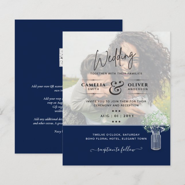 Papier LeahG PHOTO OVERLAY Gypsophila Wedding Invitation (Devant / Derrière)