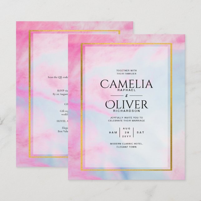 Papier LeahG Pink Aqua Blue Gold INK Wedding INVITE (Devant / Derrière)