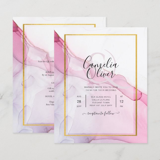 Papier LeahG PINK Purple Encre Mariage Abstrait INVITE (Devant / Derrière)