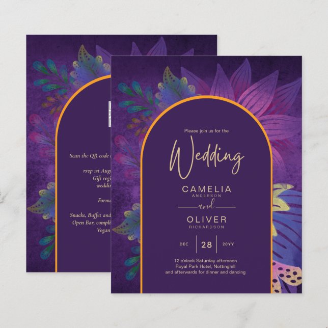 Papier LeahG Plum Purple Gold JEWEL TONES Mariage INVITE (Devant / Derrière)