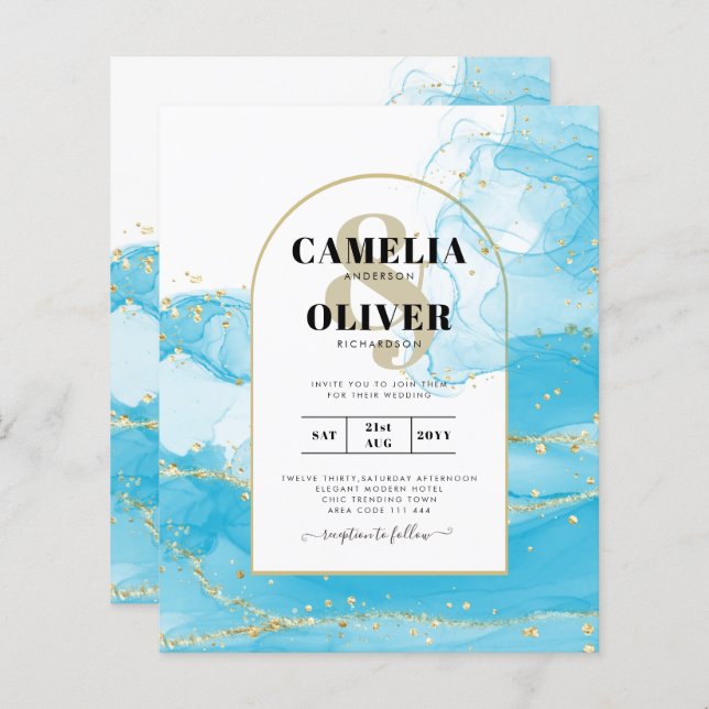 Papier LeahG Turquoise Gold Aqua Blue Wedding INVITE (Devant / Derrière)