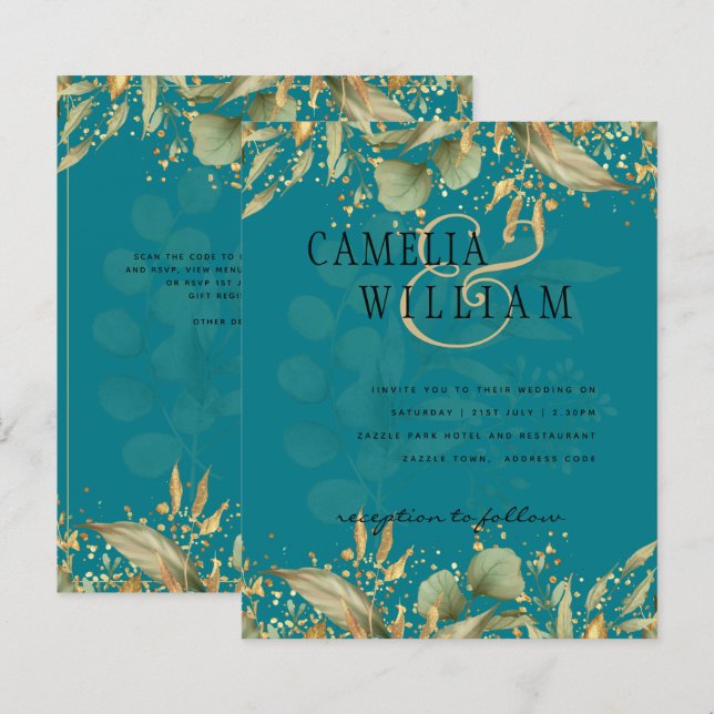 Papier LeahG Verdure Verre Mer Turquoise Gold Mariage Inv (Devant / Derrière)