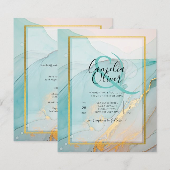 Papier LeahG Verre de mer Turquoise Gold INK Mariage INVI (Devant / Derrière)