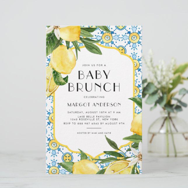 Papier Lemon Méditerranéen Bébé Brunch Invitation (Debout devant)