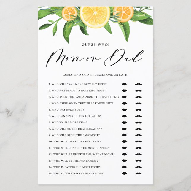 Papier Lemons Devinez Qui maman ou papa Baby shower jeu (Devant)