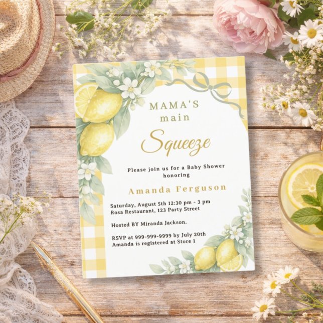 Papier Lemons gingham squeeze bow Baby Shower invitation (Créateur téléchargé)