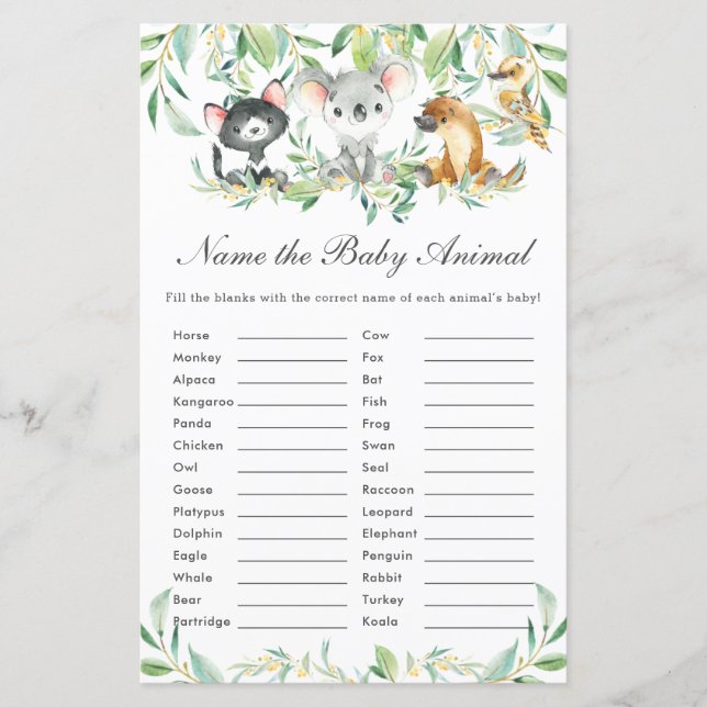 Papier Les animaux australiens nomment le jeu de divertis (Devant)