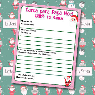 Papier Lettre bilingue rose modifiable à Père Noël Espagn