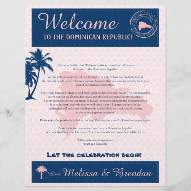 Papier Lettre d'accueil Pink & Navy République Dominicain (Devant)