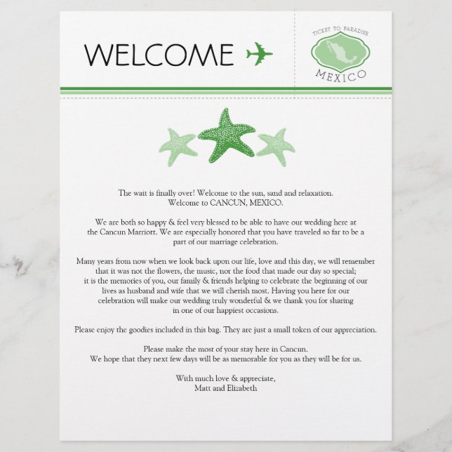 Papier Lettre de bienvenue de mariage étoile de mer pour  (Devant)