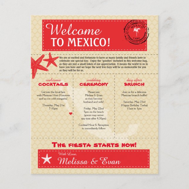 Papier Lettre de bienvenue du Mariage de Cabo Rouge Mexiq (Devant)