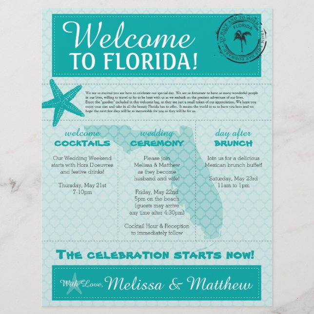 Papier Lettre de bienvenue du Mariage Starfish Ocean Turq (Devant)