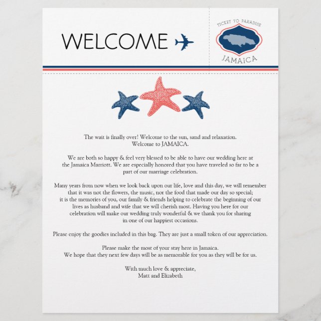 Papier Lettre de bienvenue du Mariage Starfish pour la Ja (Devant)