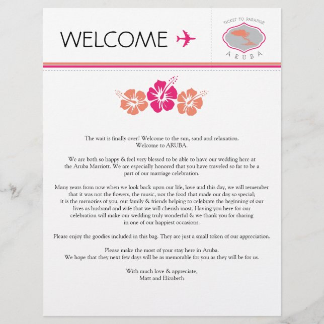Papier Lettre de bienvenue mariage pour Aruba (Devant)