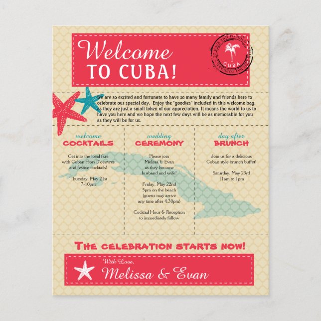 Papier Lettre de bienvenue mariage pour Cuba Turquoise ro (Devant)