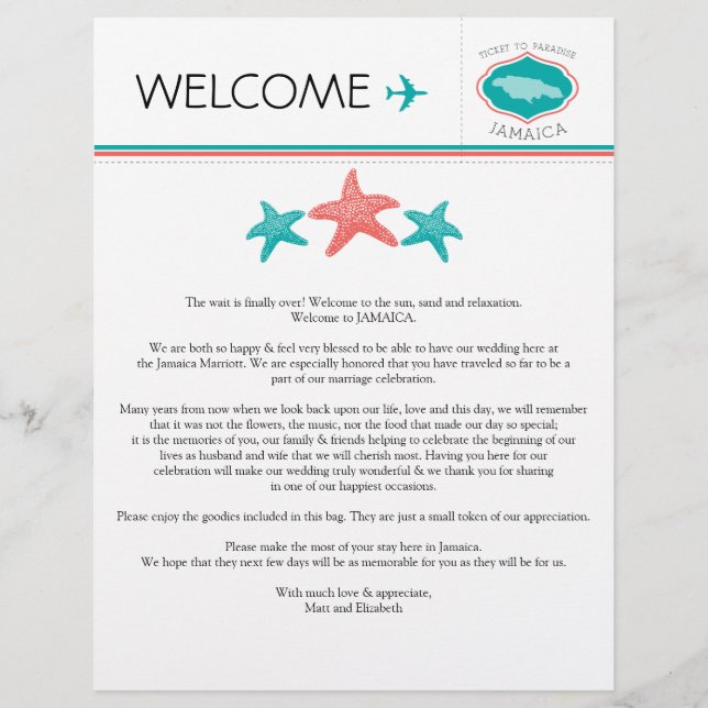 Papier Lettre de bienvenue mariage pour la Jamaïque (Devant)