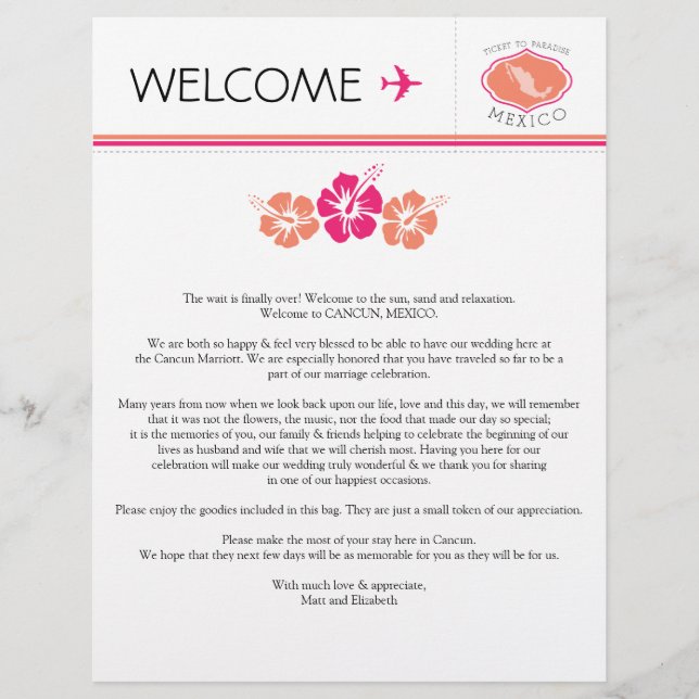 Papier Lettre de bienvenue mariage pour le Mexique (Devant)