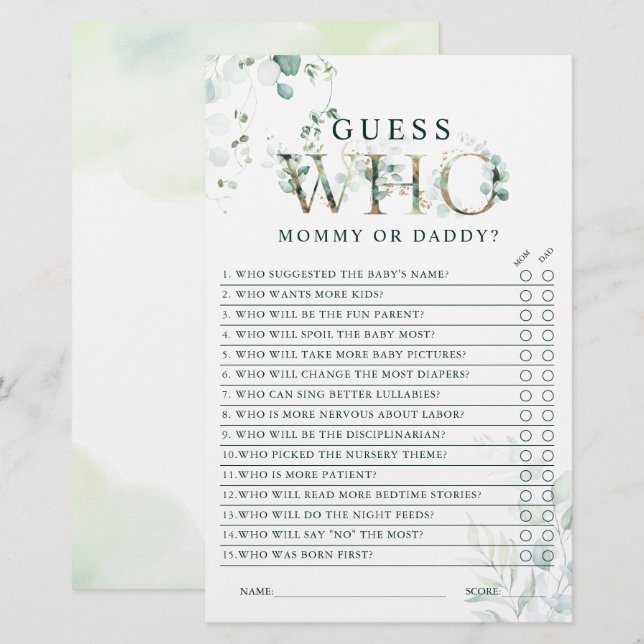 Papier LETTRE D'OR Eucalyptus Maman ou Papa Baby shower J (Devant / Derrière)