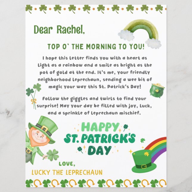 Papier Lettre leprechaun de St Patrick personnalisée (Devant)