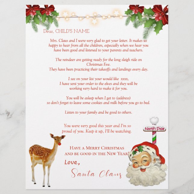 Papier Lettre père Noël Reindeer Pôle Nord Red Bows (Devant)