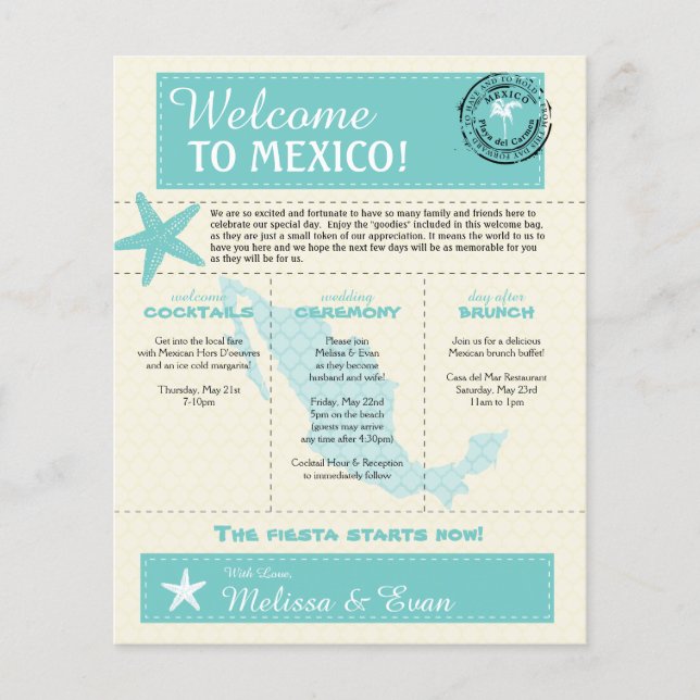 Papier LETTRE turquoise VERT Mexique Mariage Bienvenue (Devant)