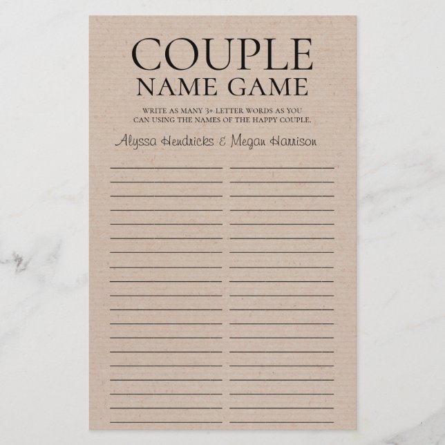 Papier LGBTQ Nom de couple Jeu rustique (Devant)
