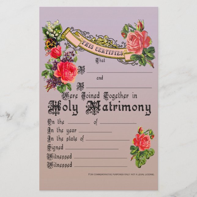 Papier Licence de Mariage commémoratif (Devant)