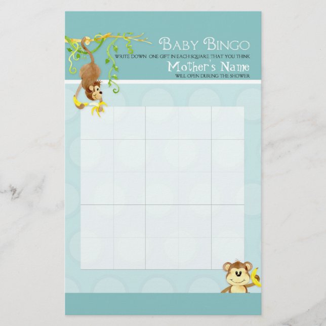 Papier Lil Monkey, Baby Boy Shower Bingo n Scramble Jeu (Devant)