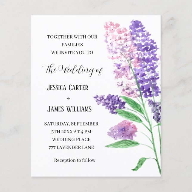 Papier Lilas Aquarelle Florale Mariage Élégant Rustique (Devant)