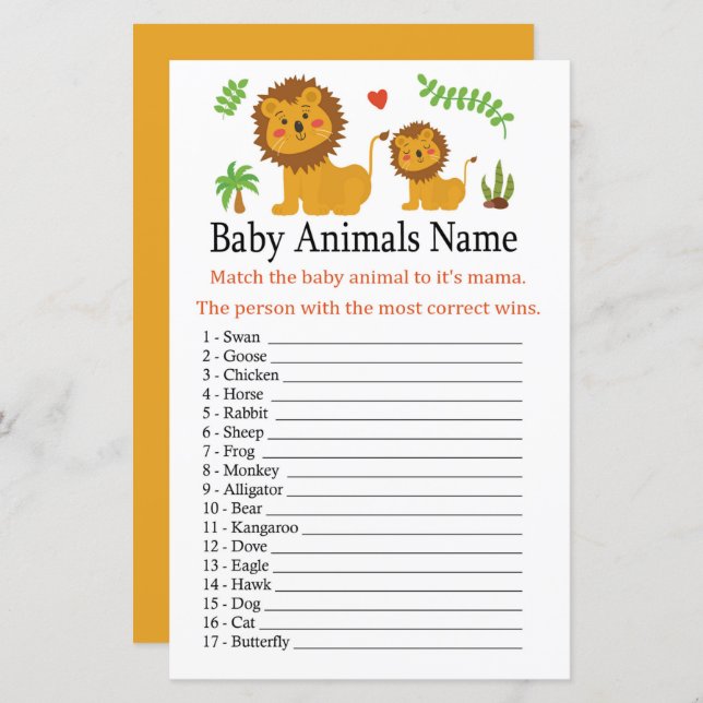 Papier Lion Baby Animaux Nom Jeu (Devant / Derrière)