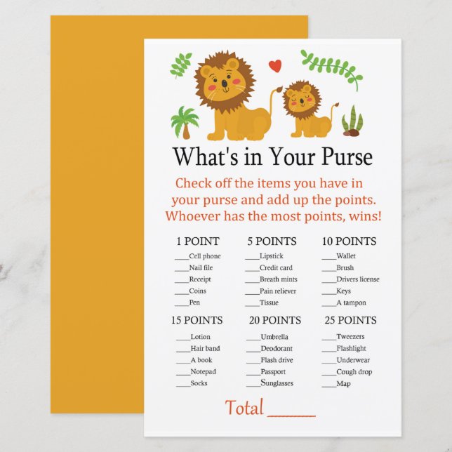 Papier Lion Ce qui est dans votre sac à main (Devant / Derrière)