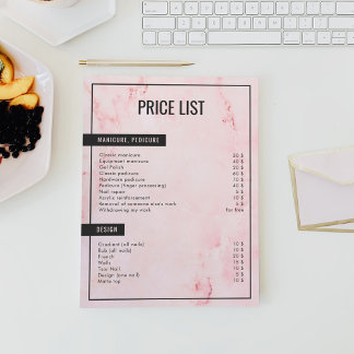 Papier Liste de prix de beauté minimaliste en marbre rose