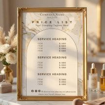 Liste de prix de services de beauté en or blanc et