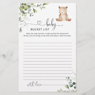 Papier Liste des seaux pour bébés eucalyptus ours baby sh