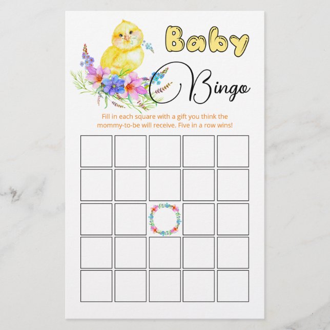 Papier Little Chick Baby shower Jeu de Bingo (Devant)
