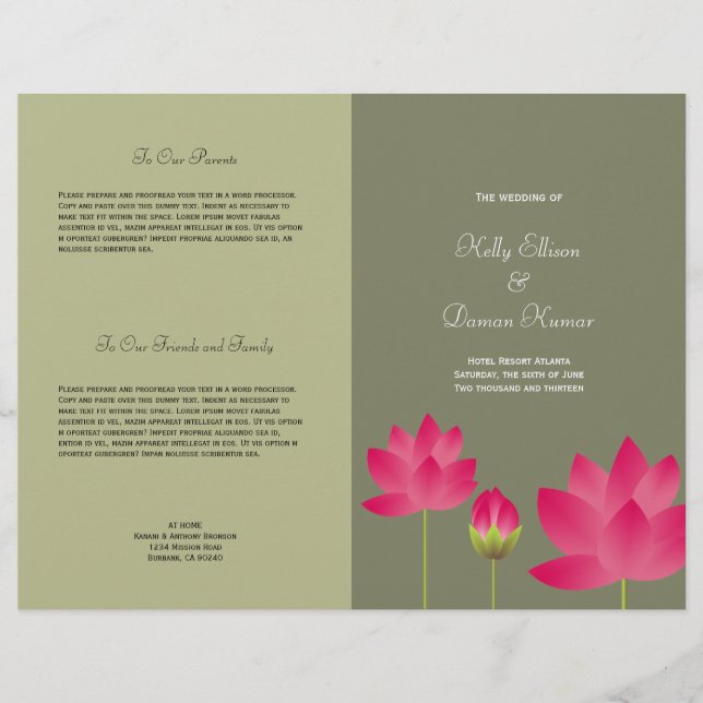 Papier Lotus rose rouge fleur moderne mariage vert (Devant)