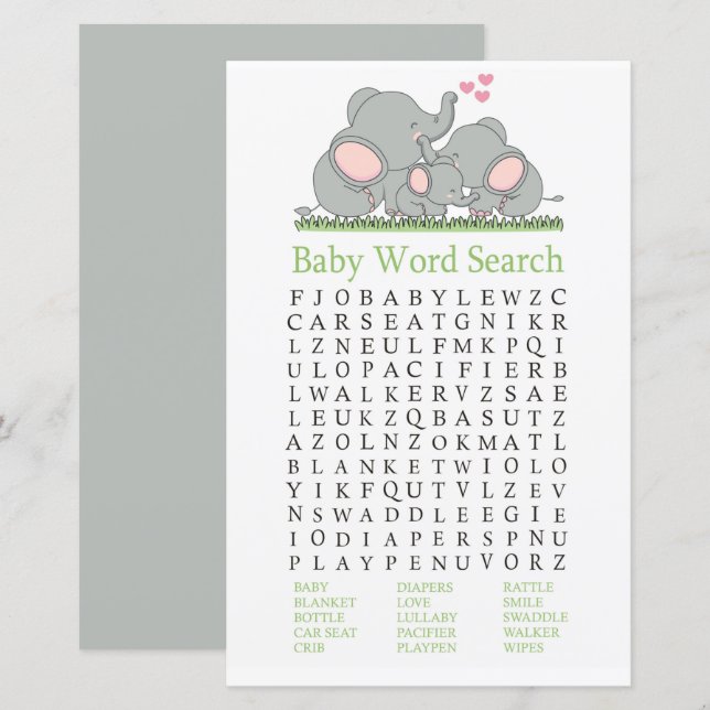 Papier Love Elephants Baby shower Word Recherche Jeu (Devant / Derrière)