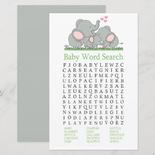 Papier Love Elephants Baby shower Word Recherche Jeu