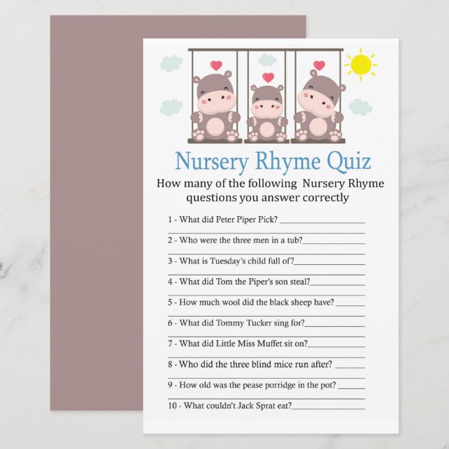 Papier Love hippo Nursery Rhyme Quiz jeu de baby shower (Devant / Derrière)