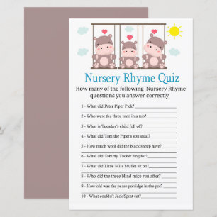 Papier Love hippo Nursery Rhyme Quiz jeu de baby shower