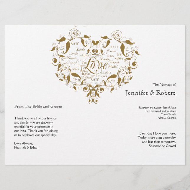 Papier Love in Any Language in Gold Wedding Program (Devant)