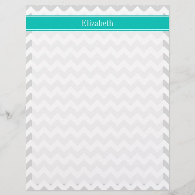 Papier Lt Grey Blanc Chevron Turquoise Nom Monogramme (Devant)