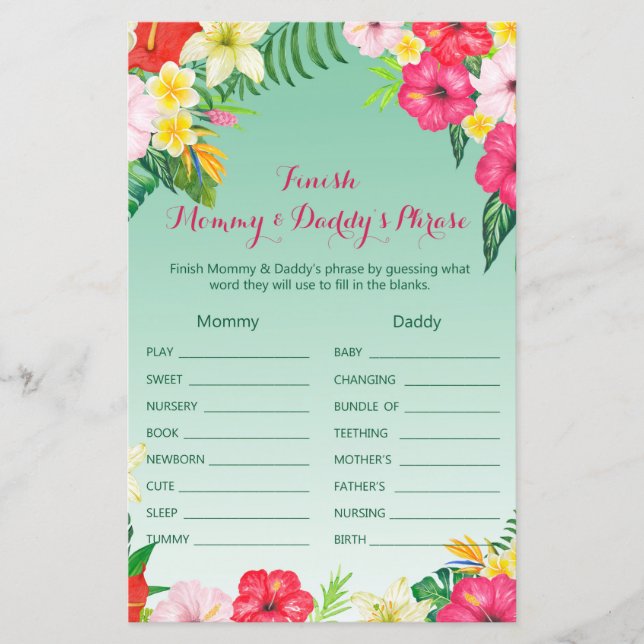 Papier Luau Baby shower tropical Jeu IMPRIMÉ (Devant)