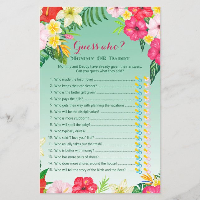 Papier Luau Baby shower tropical Jeu IMPRIMÉ (Devant)